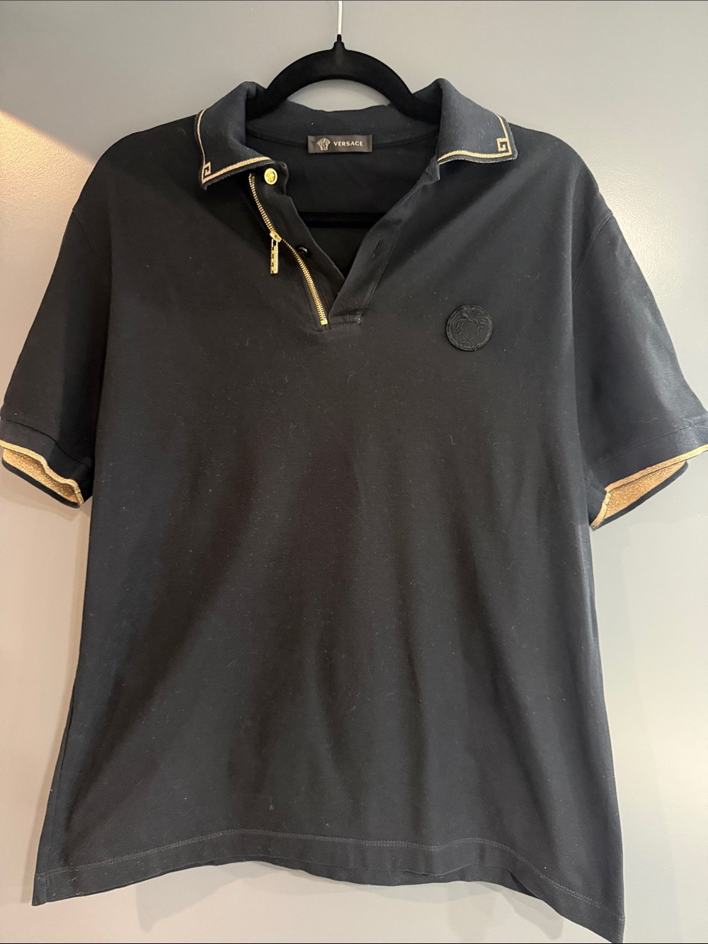 Versace Black Polo with Gold Trim Zipper Placket